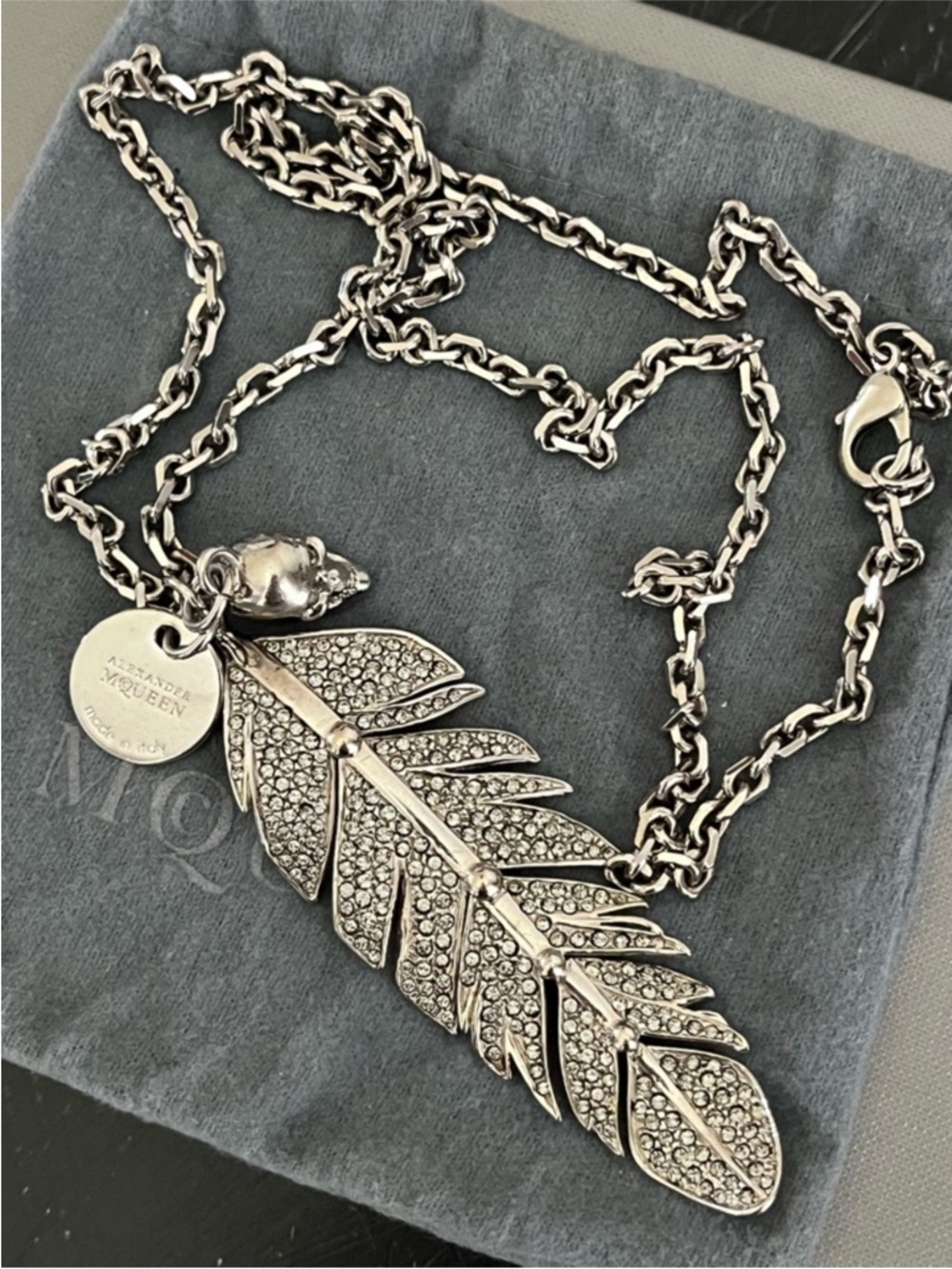 Alexander McQueen Antique Silver Pave Crystal Feather Necklace